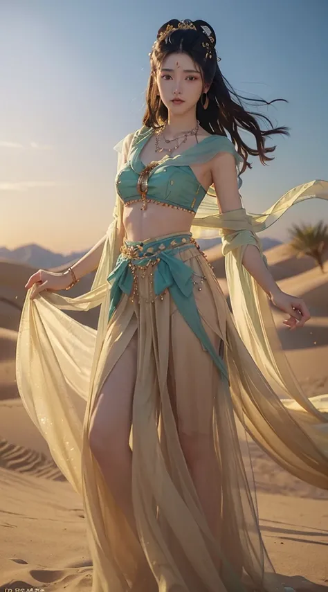 (masterpiece: 1.3), best quality, High resolution, Delicate skin、Tall、beautiful woman, Exquisite double eyelids and bright eyes, dark brown wavy hair, Dunhuang_skirt, Dunhuang_clothing, around the leash, Wearing a necklace, (Desert dunes as background), Re...