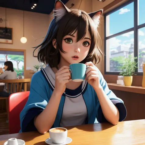 1 fluffy cat,One girl。Surprised expression,Drinking coffee at a cat café,（（not human））Anime drawings inspired by Makoto Shinkai, Pixiv Topics, Space Art, Makoto Shinkai Cyril Rolland, 4k anime wallpaper, Anime Art Wallpapers 8K, anime art wallpaper 4k, ani...