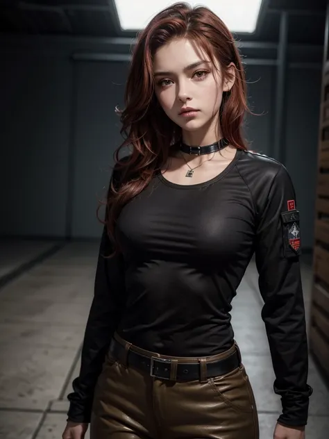 a very beautiful, attractive, slim, athletic, tomboy,military woman, short red spiky wavy hair, dark brown eyes, light brown skin, cut on the lip,  black t-shirt with a wide neckline, black military jacket, black soldier pants,