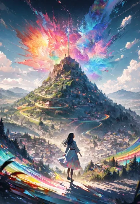 colorful, fusion of watercolors and oil paintings, fusion of paper cutting and shadow puppetry, mix of monochrome and color, conceptual installation art, a girl at the top of a hill, a boy at the bottom of a hill, their intertwined world lines and cosmic r...