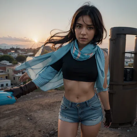 A woman flying at sunset with short black hair, black t-shirt and light blue scarf around his neck, light brown shorts, brown boots and brown gloves with light blue stripes, black eyes and pink lips.