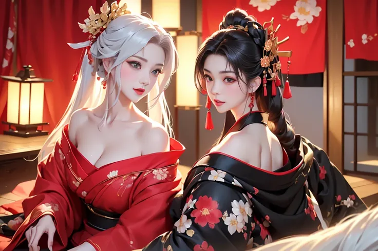 ((1 girl, One woman photo:1.5))((Woman in floral kimono、A woman posing elegantly:1.4、Detailed face、bright表情、young, bright, Whiter skin、Best Looks、Ultimate beauty、White hair with shiny highlights、輝くbright髪,、Style your hair:1.2、Hair dancing in the wind))(Ins...