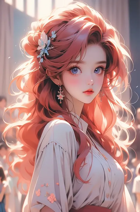 photoactual, lip gloss, , actual, best quality, ultra high resolution, depth, pastel colors, Natural shades, focus on face, Just look at the face, looking at the audience, long hair, hair accessories, red hair, blue and detailed eyes, skirt