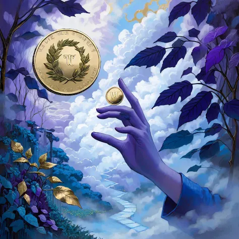 Over a leafy blue purple garden, a gesture hand emerges from a cloud carrying a close up of a gold coin with a W on it (art inspired by Dave Mckean, intricate details, oil painting)