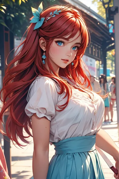 photoactual, lip gloss, , actual, best quality, ultra high resolution, depth, pastel colors, Natural shades, focus on face, Just look at the face, looking at the audience, long hair, hair accessories, red hair, blue and detailed eyes, skirt