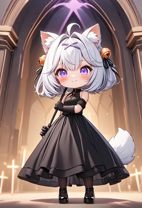 master piece, best quality, ultra-detailed, illustration, 1girl, solo, chibi, (big head), cute pose, front view, looking at viewer, ((full body Close up)), Filiansailor, (((purple hairclip)) ), hair bell, white hair, short hair, cat ears, ahoge, purple eye...