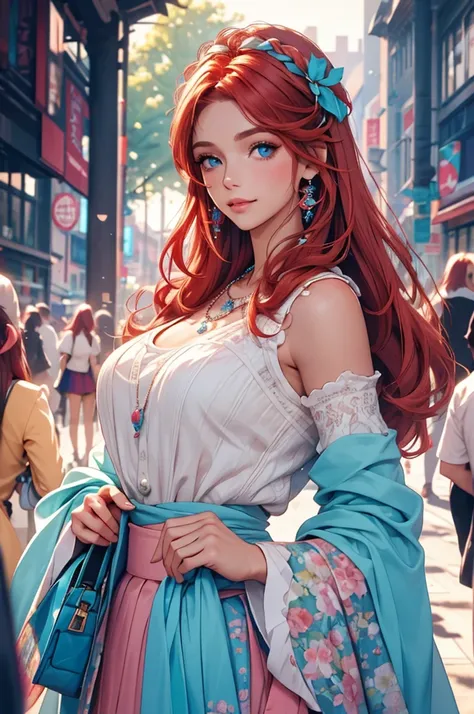 photoactual, lip gloss, , actual, best quality, ultra high resolution, depth, pastel colors, Natural shades, focus on face, Just look at the face, looking at the audience, long hair, hair accessories, red hair, blue and detailed eyes, skirt