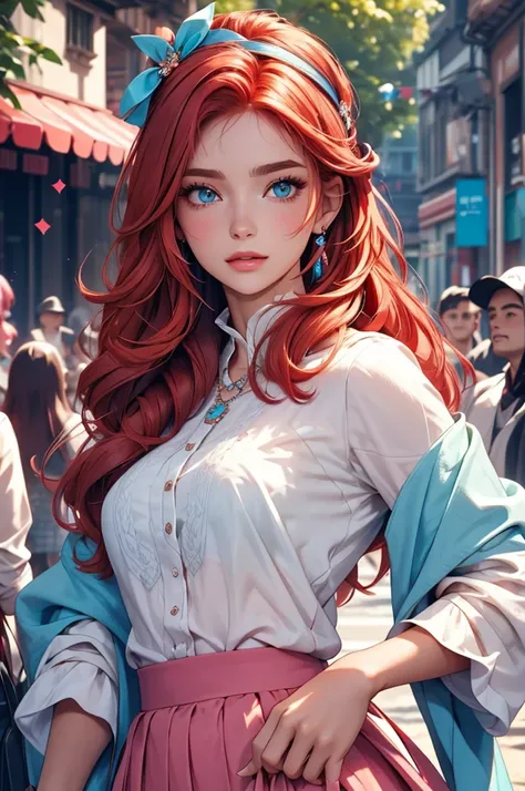 photoactual, lip gloss, , actual, best quality, ultra high resolution, depth, pastel colors, Natural shades, focus on face, Just look at the face, looking at the audience, long hair, hair accessories, red hair, blue and detailed eyes, skirt