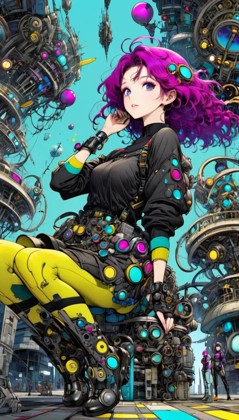 ((pay attention to the plan:1.5, General plan, all-body:1.5)), 1 beautiful girl in technical clothes, Mechanical spider, circles, fractals,(black outline art) by Yoshitaka Amano,Travis Charest. colors, land, Cyan, yellow, Unripe. magenta, violet, Cyan, Hig...