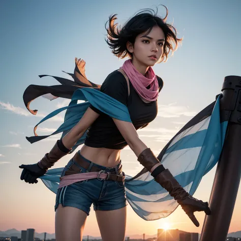 A woman flying at sunset with short black hair, black t-shirt and light blue scarf around his neck, light brown shorts, brown boots and brown gloves with light blue stripes, black eyes and pink lips.