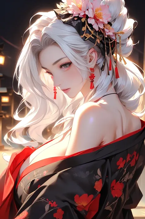 ((1 girl, One woman photo:1.5))((Woman in floral kimono、A woman posing elegantly:1.4、cute、Detailed face、bright表情、young, bright, Whiter skin、Best Looks、Ultimate beauty、White hair with shiny highlights、輝くbright髪,、Style your hair:1.2、Hair dancing in the wind)...