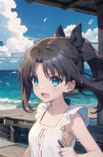 Tohsaka Rin (masterpiece),  BREAK 1girl,  skimpy translucent wet summer dress,  raining, wavy hair,  floating hair,  smile,  standing,  open mouth,  light particles,  black hair,  deep blue eyes,  looking at viewer,  face focus, BREAK, scenery,  beach,  oc...