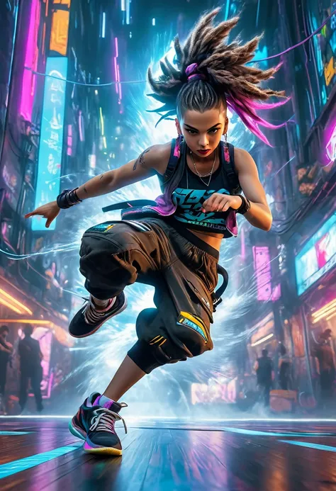 (masterpiece, best quality:1.2), A cute lady, solo, breakin dancer, power movements, strenuous movements, intense footwork, squatting down with one leg stretched out, Dynamic Motion Blur, Sweat shines and pops, cyberpunk, lips apart, (punk color short hair...