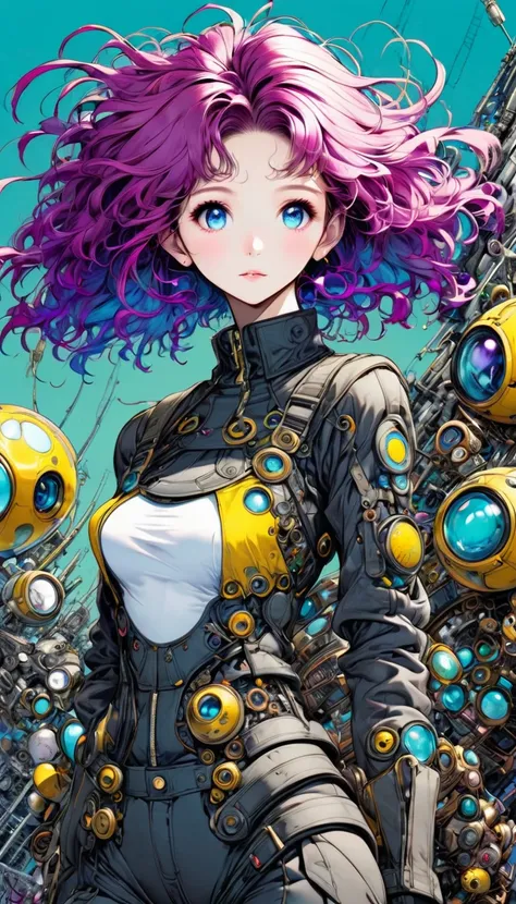 ((pay attention to the plan:1.5, General plan, all-body:1.5)), 1 beautiful girl in technical clothes, Mechanical spider, circles, fractals,(black outline art) by Yoshitaka Amano,Travis Charest. colors, land, Cyan, yellow, Unripe. magenta, violet, Cyan, Hig...