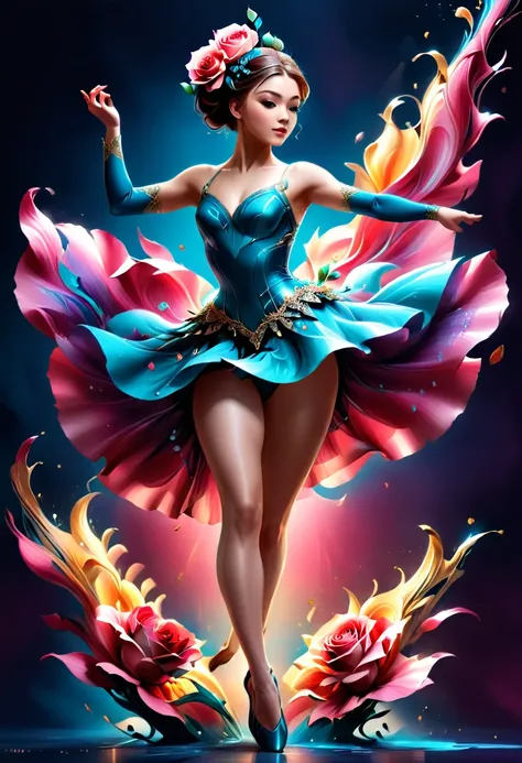 a portrait of female classical ballet prima ballerina dancer in the ((middle of blossoming rose)), a full body picture ((anatomically correct: 1.5)) of a exquisite beautiful female dancer wearing silk evening dress, intricate dress dynamic hair color, dyna...