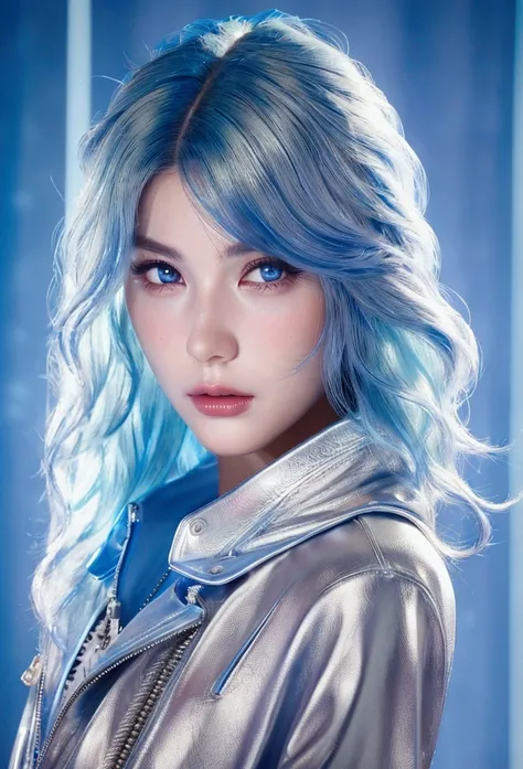 a beautiful young woman, 1.75m tall, with blue dyed hair, full body shot, standing in a TV studio set, wearing a silver jacket and white leather pants, athletic physique, (best quality,4k,8k,highres,masterpiece:1.2),ultra-detailed,(realistic,photorealistic...