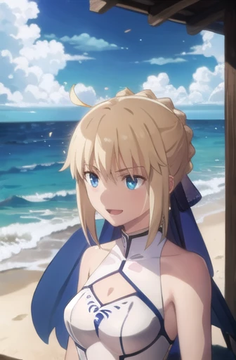 Saber Artoria Pendragon (masterpiece),  BREAK 1woman,  skimpy translucent wet summer dress,  raining, wavy hair,  floating hair,  smile,  standing,  open mouth,  light particles,  blonde hair,  deep blue eyes,  looking at viewer,  face focus, BREAK, scener...