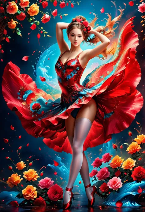 a portrait of female classical ballet prima ballerina dancer in the ((middle of blossoming rose)), a full body picture ((anatomically correct: 1.5)) of a exquisite beautiful female dancer wearing silk evening dress, intricate dress dynamic hair color, dyna...