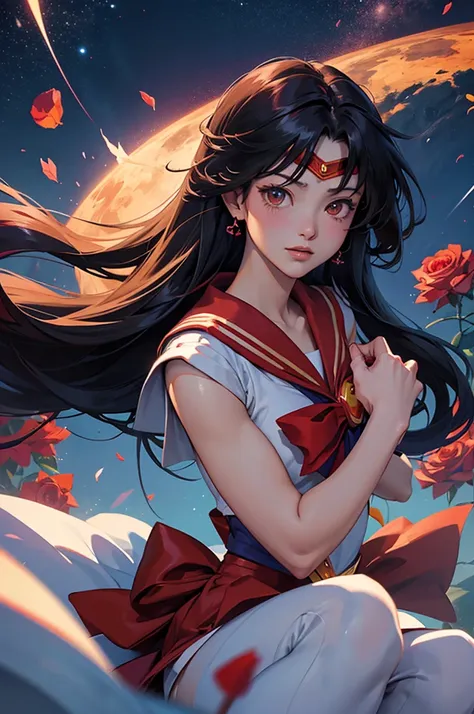 Official Art, unity 8k wallpaper, Very detailedな,Red roses are beautiful yet fleeting、((Mars))beautiful, masterpiece, Highest quality,blue flower , Flower Ecstasy, Very detailed, Long black hair、Dynamic Angle, ((Sailor Mars)), (())The most beautiful form o...