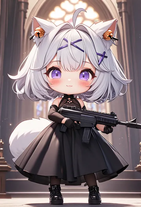 master piece, best quality, ultra-detailed, illustration, 1girl, solo, chibi, (big head), cute pose, front view, looking at viewer, ((full body Close up)), Filiansailor, (hairclip:1.5), hair bell, white hair, short hair, cat ears, ahoge, purple eyes, blush...