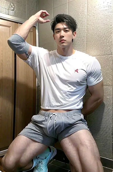 1 Chinese handsome man，25 year old white sports student，시원하고 하얀 blood부，handsome athlete，blood.that. teacher，broad shoulders and narrow waist，masculine and sexy，The neckline is slightly open., Fitted fabric reveals the contours of your chest muscles.，Wearin...