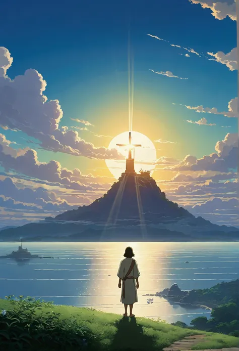 Jesus na Cruz, by makoto shinkai and studio ghibli, outlined silhouettes, dramatic lighting, highy detailed, incredible quality, trends on ArtStation, work of art, 8k