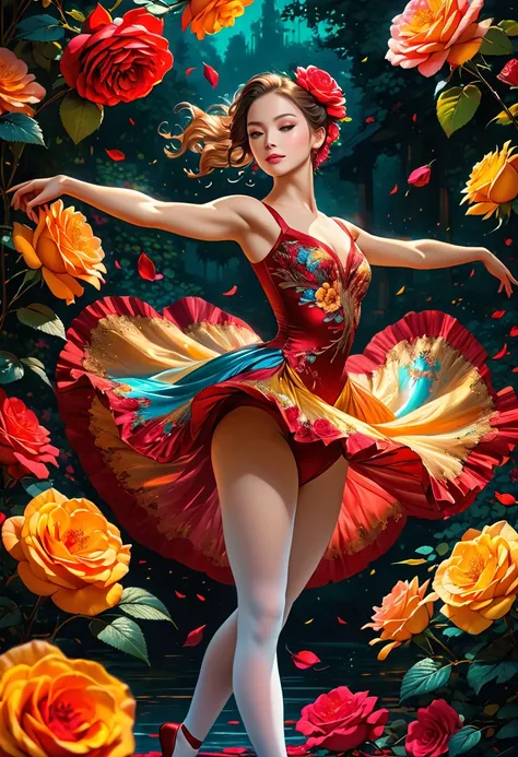 a portrait of female classical ballet prima ballerina dancer in the ((middle of blossoming rose)), a full body picture ((anatomically correct: 1.5)) of a exquisite beautiful female dancer wearing silk evening dress, intricate dress dynamic hair color, dyna...