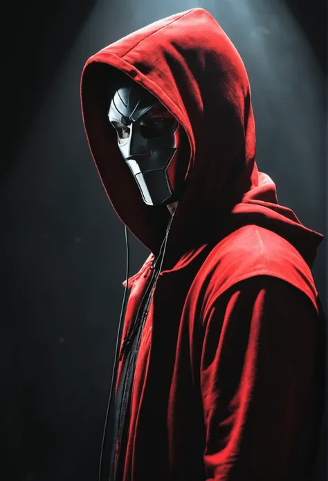 in a side pose, a mysterious man stands against a dark and mysterious background. His red hood and mask give him an air of secrecy., while your headphones suggest the music that keeps you company in this dark world.