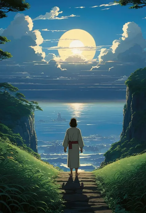 Jesus na Cruz, by makoto shinkai and studio ghibli, outlined silhouettes, dramatic lighting, highy detailed, incredible quality, trends on ArtStation, work of art, 8k