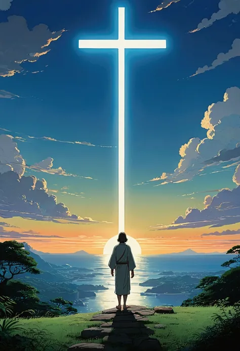 Jesus na Cruz, by makoto shinkai and studio ghibli, outlined silhouettes, dramatic lighting, highy detailed, incredible quality, trends on ArtStation, work of art, 8k