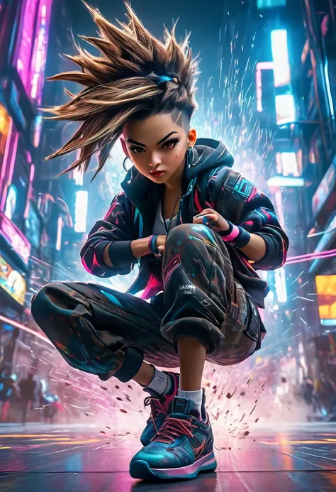 (masterpiece, best quality:1.2), A cute lady, solo, breakin dancer, power movements, strenuous movements, intense footwork, squatting down with one leg stretched out, Dynamic Motion Blur, Sweat shines and pops, cyberpunk, lips apart, (punk color short hair...