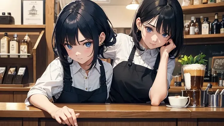 1 girl, adult, dark blue hair, messy hair, Medium hair, light blue eyes, black shirt, black jeans, beige apron, work, Bartender, Waiter, Coffee brewing, cafe bar, concentration, look away, be happy, warmสบาย, cool, illustration, Masterpiece, Ghibli, perfec...