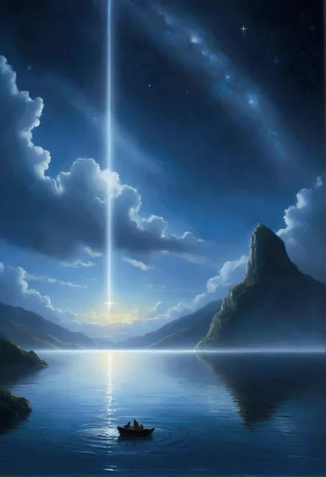 {
"prompt": "A detailed image of God&#39;s Spirit hovering over the waters. The scene shows a vast expanse of calm water under a dark sky, with a soft, glowing light representing the Holy Spirit hovering over the surface. Divine light creates brilliant ref...