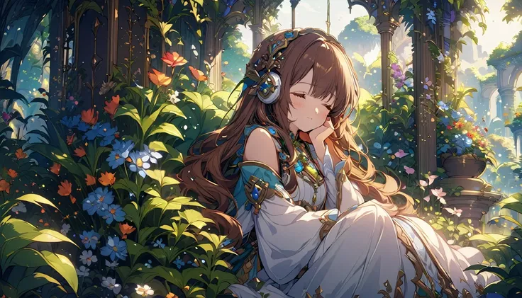 Brown-haired girl wearing headphones、Dreaming Garden - Highly detailed、masterpiece, Highest quality, Bright - with a beautiful garden as a backdrop、Dreamy look、Fantasy style attire、flower々Sitting surrounded by
(Detailed fingers), (Emotional), (Breathtaking...