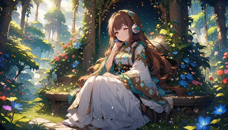 Brown-haired girl wearing headphones、Dreaming Garden - Highly detailed、masterpiece, Highest quality, Bright - with a beautiful garden as a backdrop、Dreamy look、Fantasy style attire、flower々Sitting surrounded by
(Detailed fingers), (Emotional), (Breathtaking...