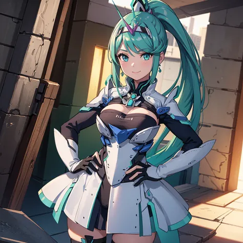 masterpiece, Highest quality, One girl, alone, Pneumadef, ponytail, tiara, Earrings, Chest jewels, armor, gloves, Hands on hips, View your viewers, smile