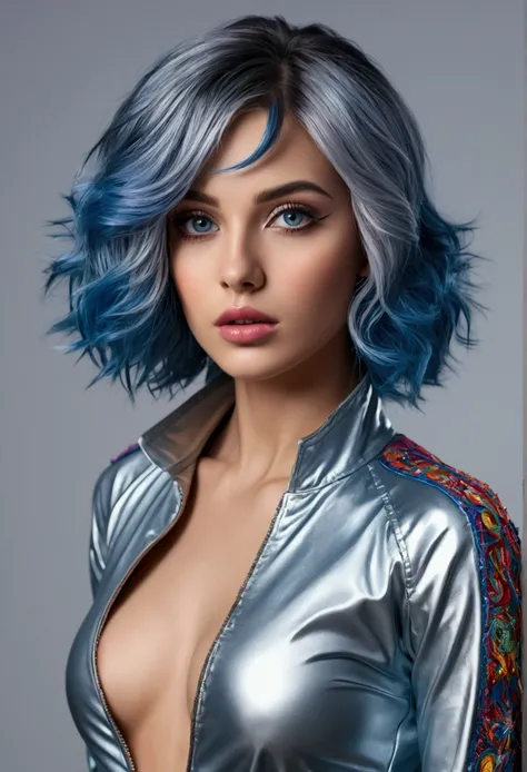 a beautiful young woman, 1.75m tall, with blue dyed hair, full body shot, standing in a TV studio set, silver jacket, nude, erotic pose, explicit expression, athletic physique, (best quality,4k,8k,highres,masterpiece:1.2),ultra-detailed,(realistic,photorea...