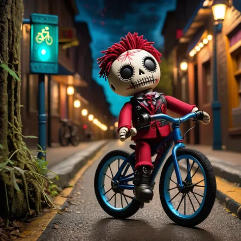 (knitted toy voodoo doll:1.7), (Voodoo on a city bike path with animated bicycles:1.3), (Clothing: tattered cyclist attire with mystical symbols:1.0), (Accessories: miniature glowing bikes, tiny floating helmets, small enchanted bike locks:1.2), (backgroun...