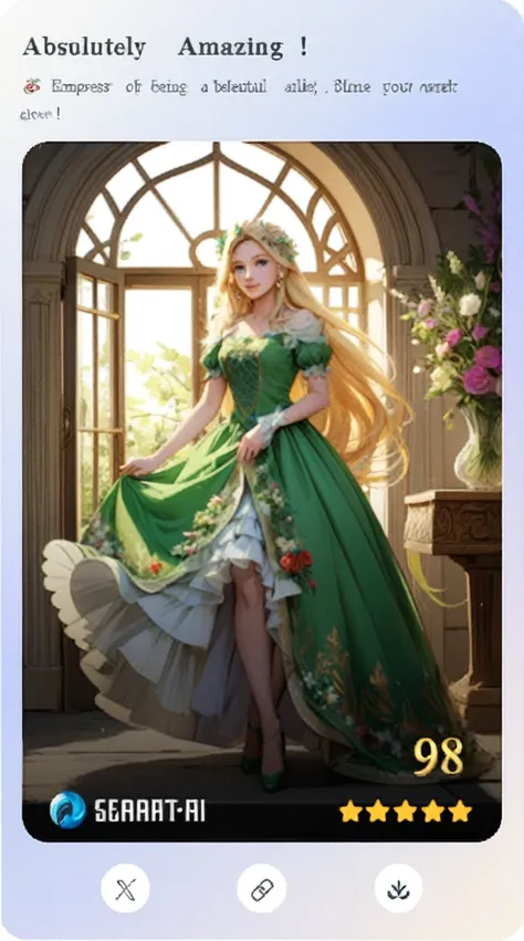 a woman in a green dress standing in front of a window, beautiful fantasy maiden, beautiful maiden, ((a beautiful fantasy empress)), elven princess, beautiful elven princess, blonde - haired princess, magali villeneuve, fantasy dress, inspired by Magali Vi...