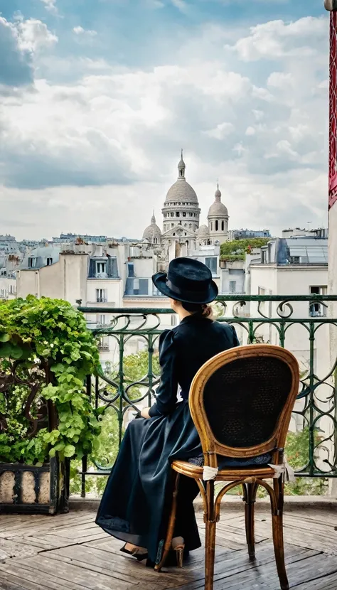 A modestly dressed woman sits in a chair on the veranda and looks at the Place Montmartre