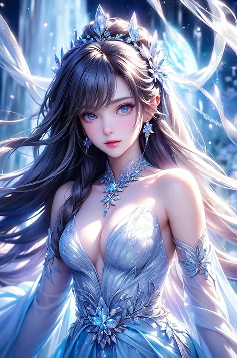 (Upper body photo:1.5)、dutch angle. wood, Exquisite mini ice spikes and crystals, A frozen waterfall in the background, Light reflected by ice crystals, Flowing snowflakes.1 girl、pretty girl,A realistic person,Beautiful cleavage,((small breasts)),Thin legs...