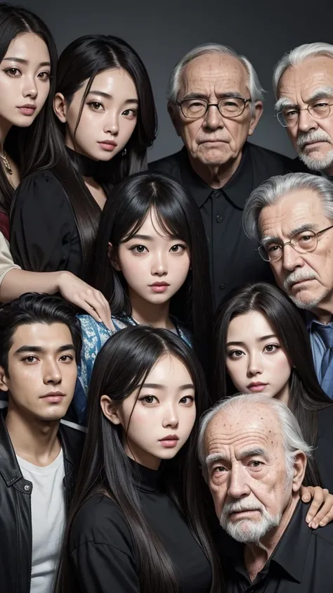 gorgeous 19 y.o. girl,gorgeous girl, score_9,score_8_up,score_7_up,source_anime,masterpiece,best quality, LONG HAIR WOMAN,make up, opened eyes, black eyes,olds man,(4 old man),(surrounded by old man, 3 olds man), group photo,long dress,beauty woman,korean ...