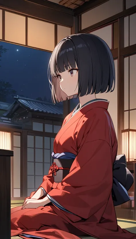 Black Hair、Bangs、Bobcut、Expressionless、Red kimono、Short、Japanese-style room at night、One girl