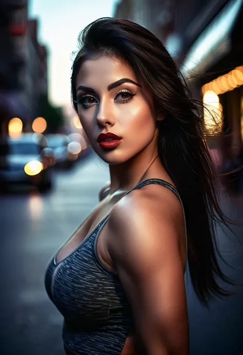 a beautiful young woman with an athletic physique and accentuated curves, with straight dark hair, posing on a busy street, beautiful detailed eyes, beautiful detailed lips, extremely detailed face, long eyelashes, beautiful curvy body, athletic fit, cinem...