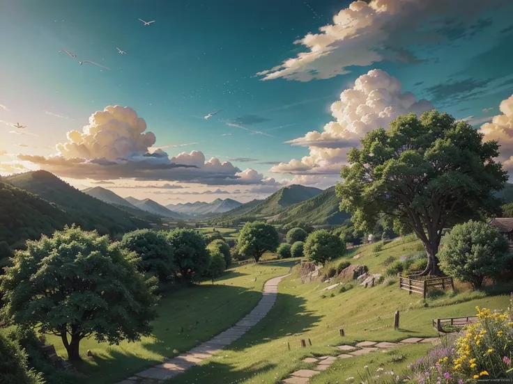 mountains with clouds and trees in the foreground and a sun set, made of trees and a fantasy valley, sky Gate, heaven, birds flying to the sky, anime nature, anime countryside landscape, anime landscape wallpaper, anime landscape, Studio Ghibli sunlight, b...