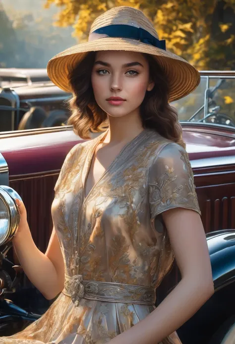 gorgeous, beautiful 19 year old girl in a beautiful dress and hat, near a shiny car from the 1920s, oil painting art, 4K, 3D rendering, evolution, intricate details, masterpiece, hyperrealism