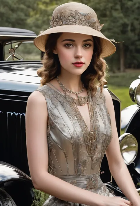 gorgeous, beautiful 19 year old girl in a beautiful dress and hat, near a shiny car from the 1920s, oil painting art, 4K, 3D rendering, evolution, intricate details, masterpiece, hyperrealism