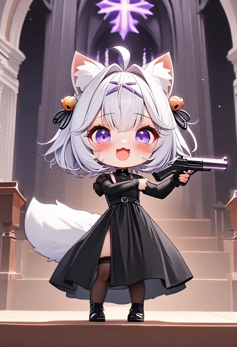 master piece, best quality, ultra-detailed, illustration, 1girl, solo, chibi, (big head), cute pose, front view, looking at viewer, ((full body Close up)), Filiansailor, (purple hairclip:1.5), hair bell, white hair, short hair, cat ears, ahoge, purple eyes...