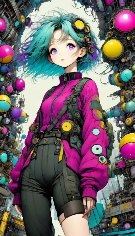 ((pay attention to the plan:1.5, General plan, all-body:1.5)), 1 beautiful girl in technical clothes, Mechanical spider, circles, fractals,(black outline art) by Yoshitaka Amano,Travis Charest. colors, land, Cyan, yellow, Unripe. magenta, violet, Cyan, Hig...