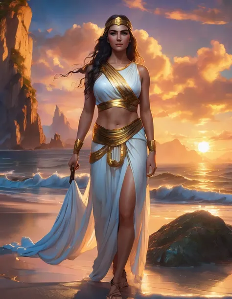 a beautiful busty Greek goddess dressed in a sheer wet toga with a gold belt and leather sandals, holding a trident, standing on a beach at sunset with colorful clouds and rocks in the background, detailed face and body, cinematic lighting, highly detailed...